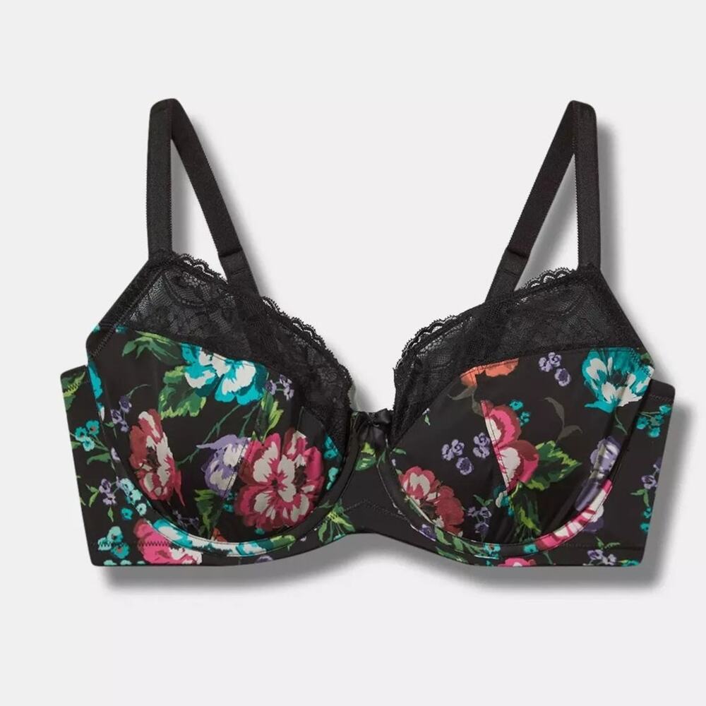 Torrid Full Coverage Unlined Lace Trim Bra Baby Floral Rich Black Size 44D NEW